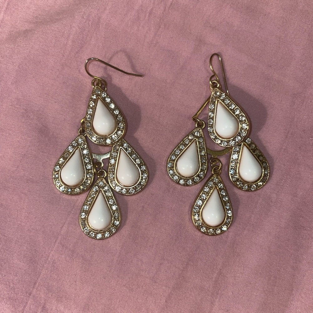 Vintage Gold tone Heavy Milk Glass & Crystal Tear Drop French Hook Earrings GUC